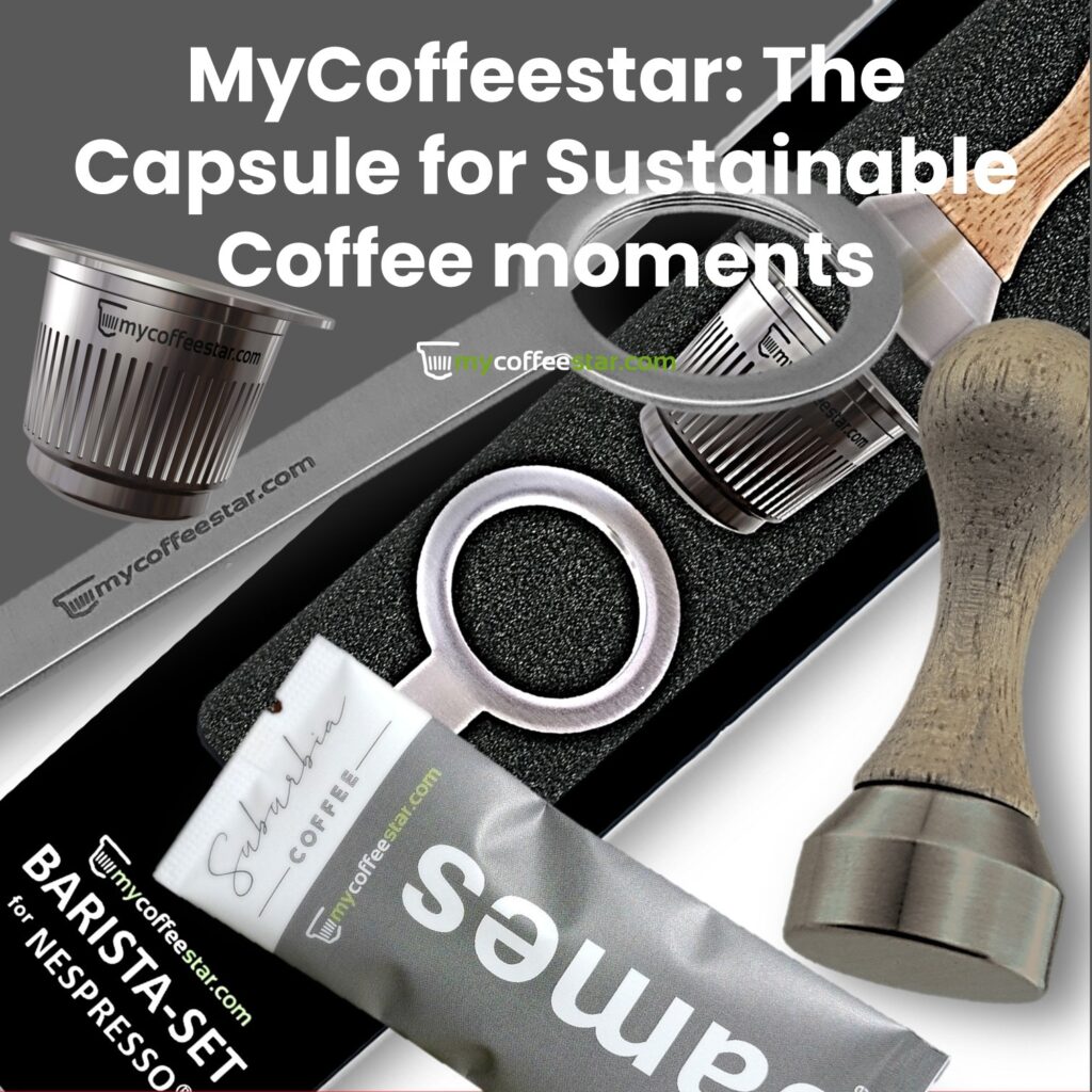 MyCoffeestar reusable stainless steel coffee capsule on white background compatible with Nespresso classic and vertuo system
